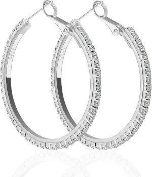 925 Sterling Silver Earrings,Large Big Cubic Zirconia Hoop Earrings,Thin Rhinestones Round Hoop Earrings for Women 40/50mm Sparkly Hoops With Crystals for Womens