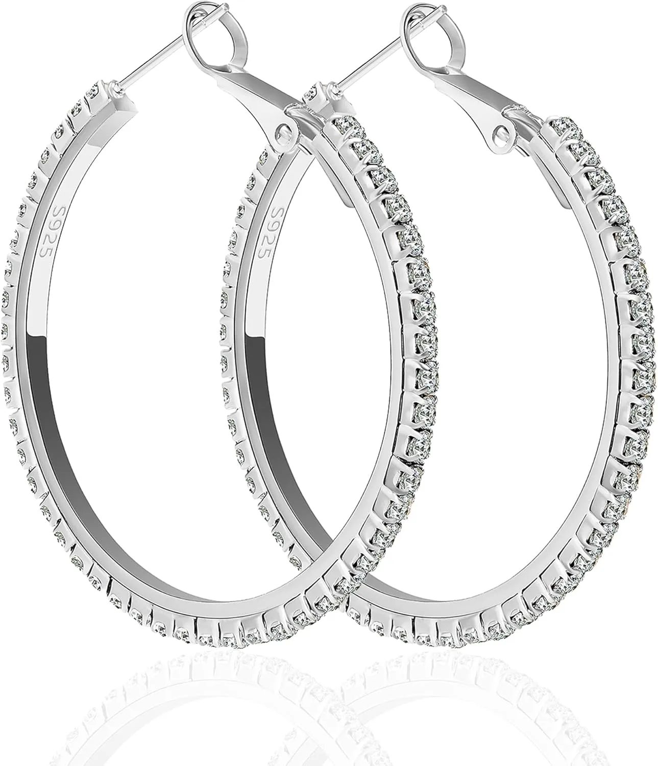925 Sterling Silver Earrings,Large Big Cubic Zirconia Hoop Earrings,Thin Rhinestones Round Hoop Earrings for Women 40/50mm Sparkly Hoops With Crystals for Womens