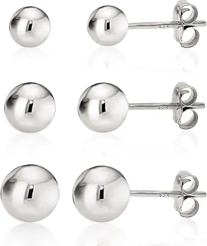 925 Sterling Silver High Polish Smooth Round Ball Stud Earring 3-Size Set - 4mm, 5mm, 6mm
