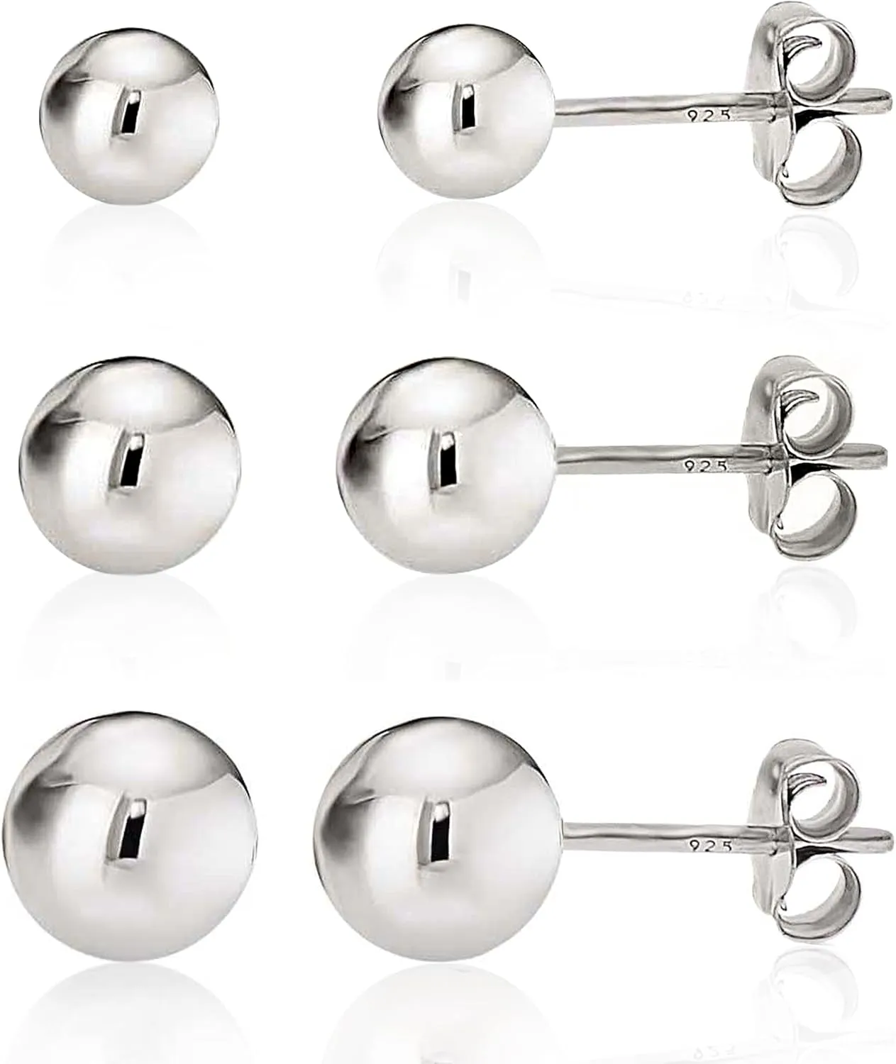 925 Sterling Silver High Polish Smooth Round Ball Stud Earring 3-Size Set - 4mm, 5mm, 6mm