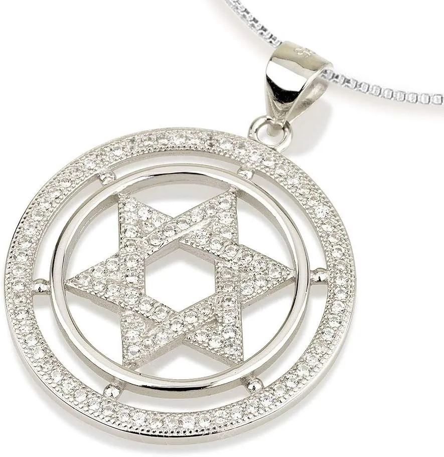 925 Sterling Silver Interlocked Star Of David Pendant With Necklace Jewish Protective Symbol 0.98" White Round Cubic Zirconia Israel Gifts Rare Hebrew Kabbalah Handmade Jewelry Art Spiritual Jewish