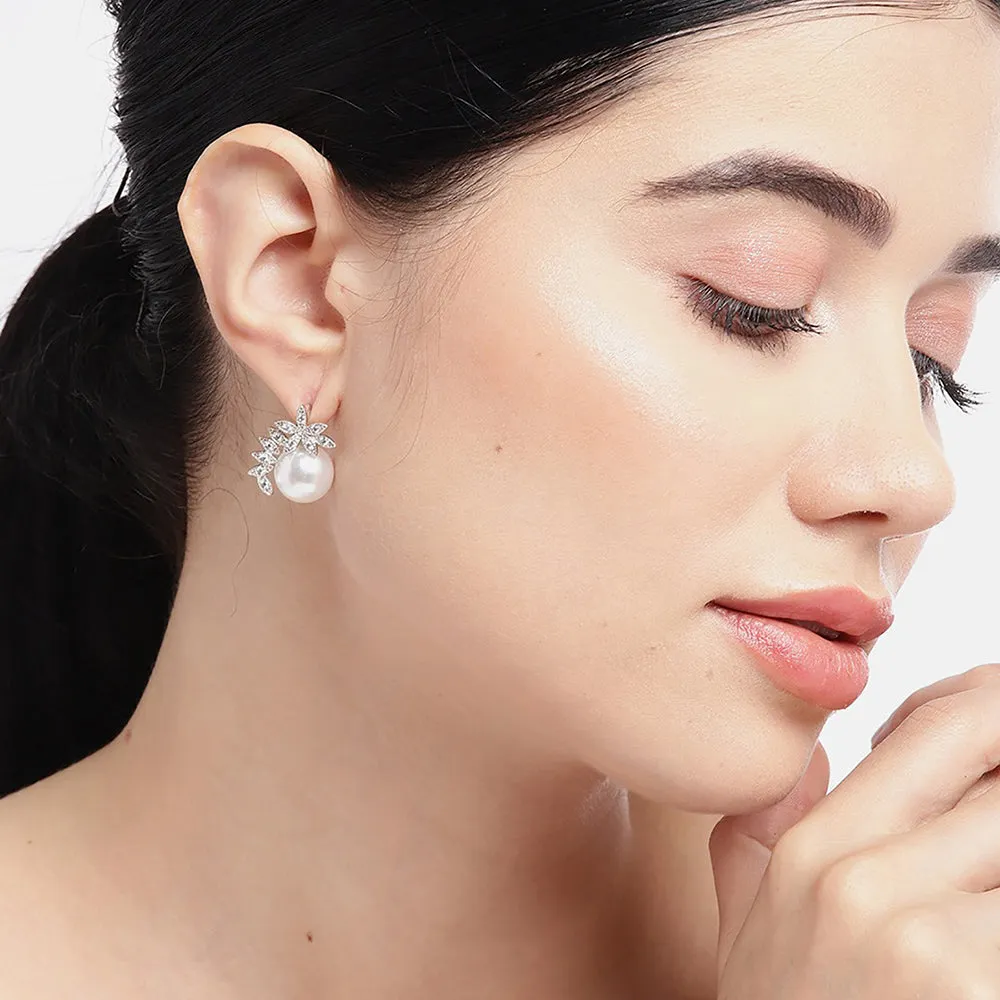 925 Sterling Silver Rhodium Plated Contemporary Cz Studs For Girl