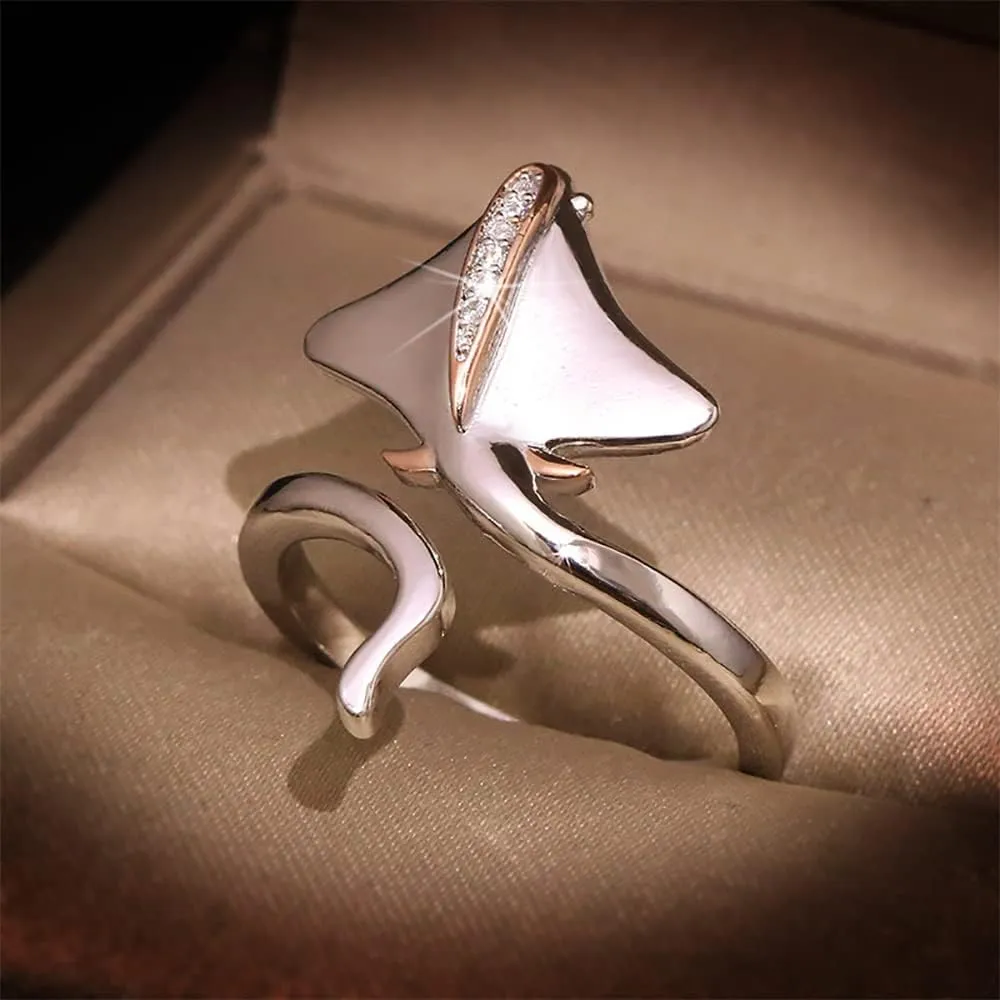 925 Sterling Silver Stingray open adjustable Ring for women and girls, cute ocean Animal adjustable Cubic Zirconia ring, Manta Ray Wrap Open Ring for Women Girls gift Jewelry size 6-10