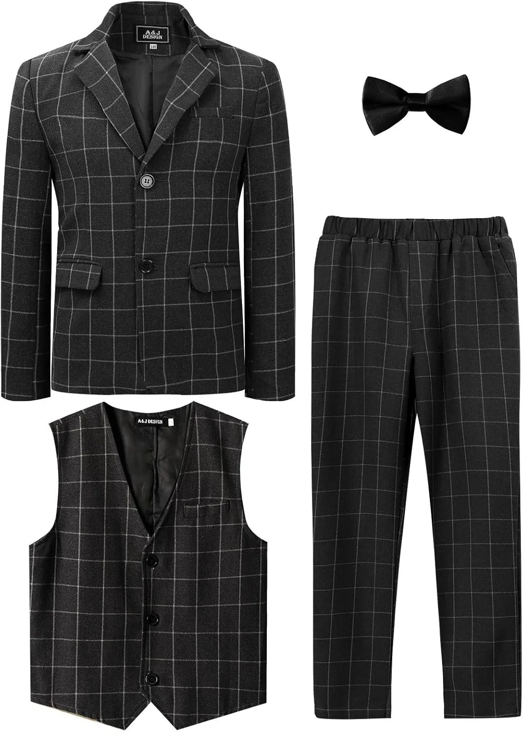 A&J DESIGN Boys' 3-Piece Suits Set Thick Jacket Pants Bow Tie Kids Plaid Formal Outfits