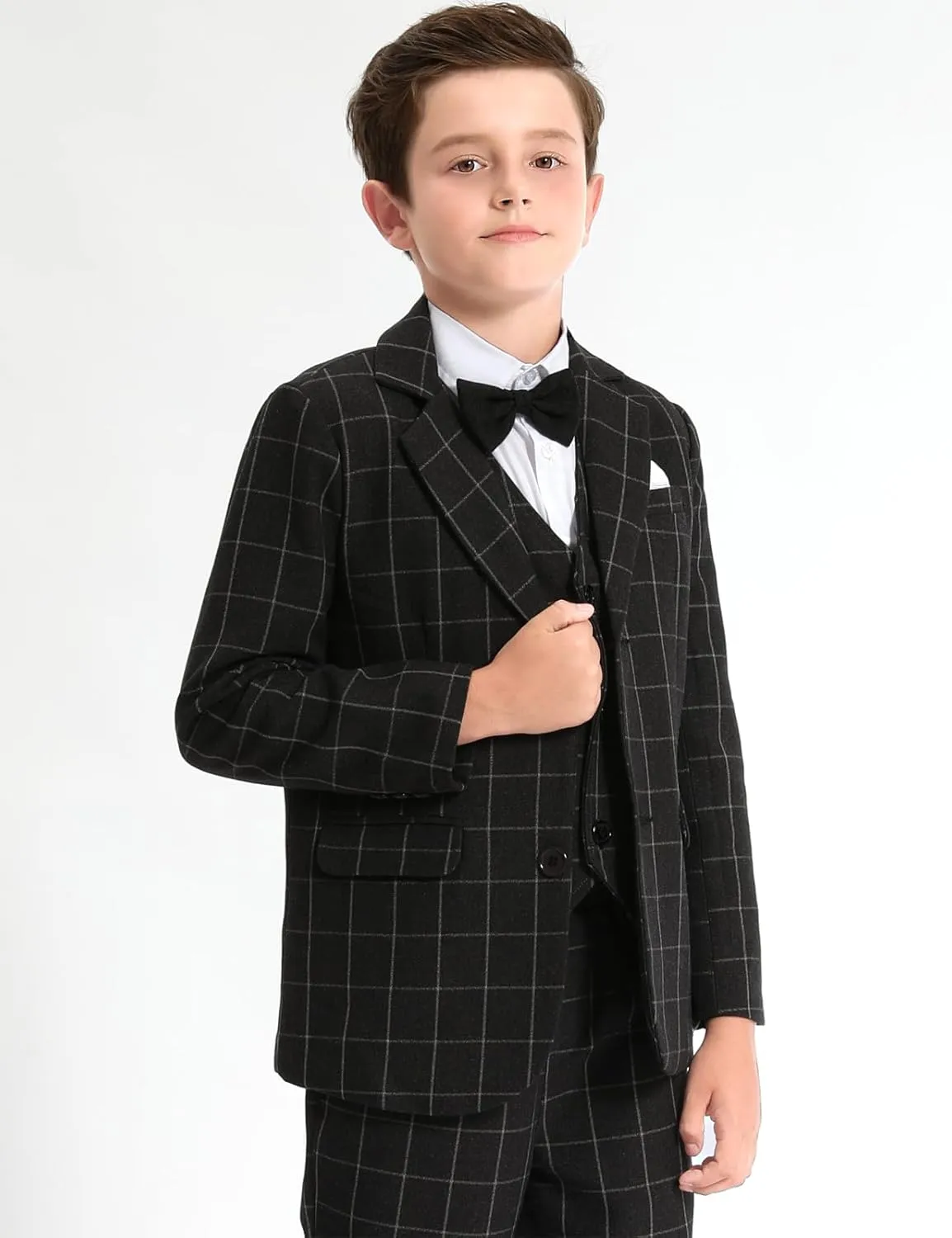 A&J DESIGN Boys' 3-Piece Suits Set Thick Jacket Pants Bow Tie Kids Plaid Formal Outfits