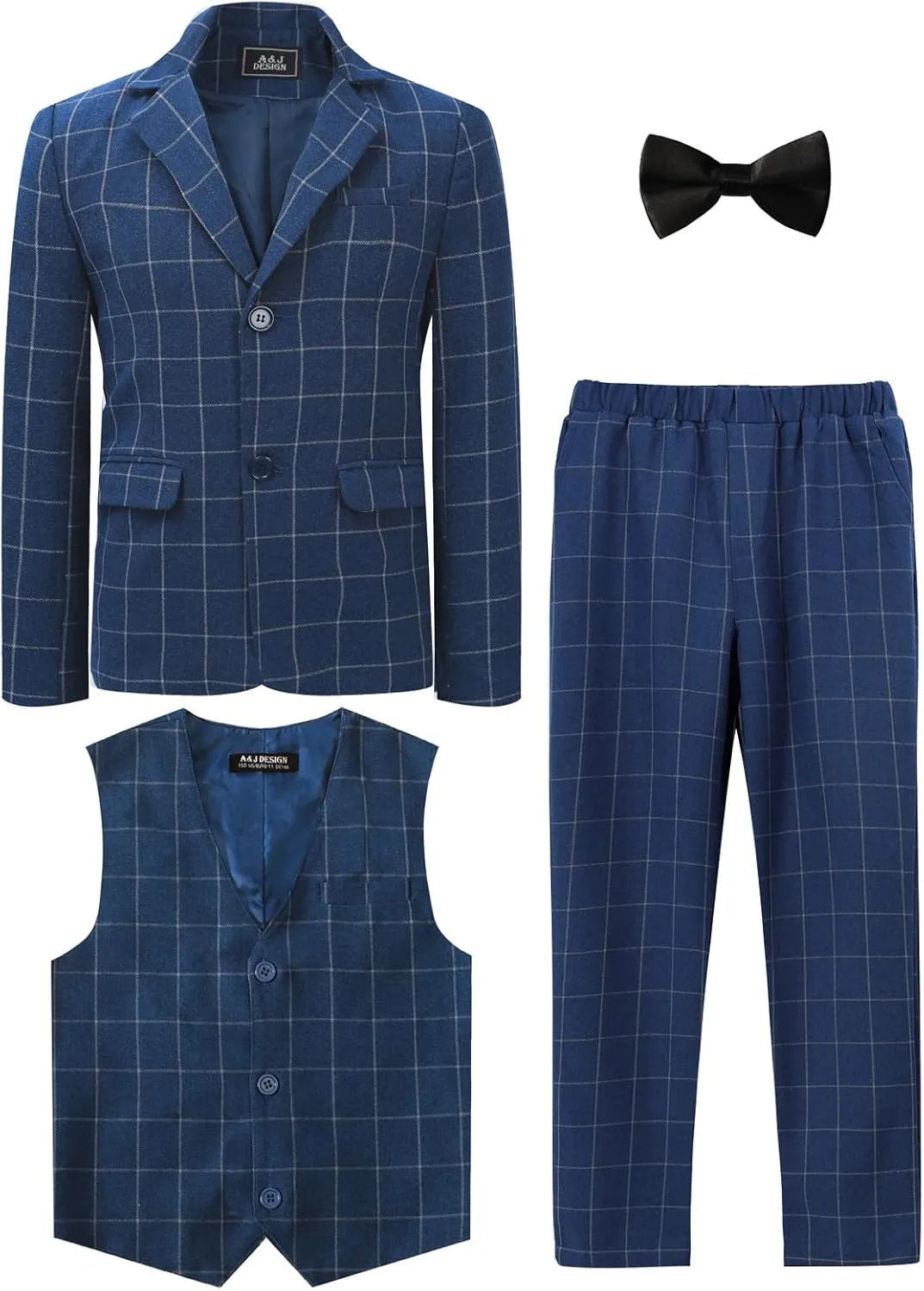 A&J DESIGN Boys' 3-Piece Suits Set Thick Jacket Pants Bow Tie Kids Plaid Formal Outfits