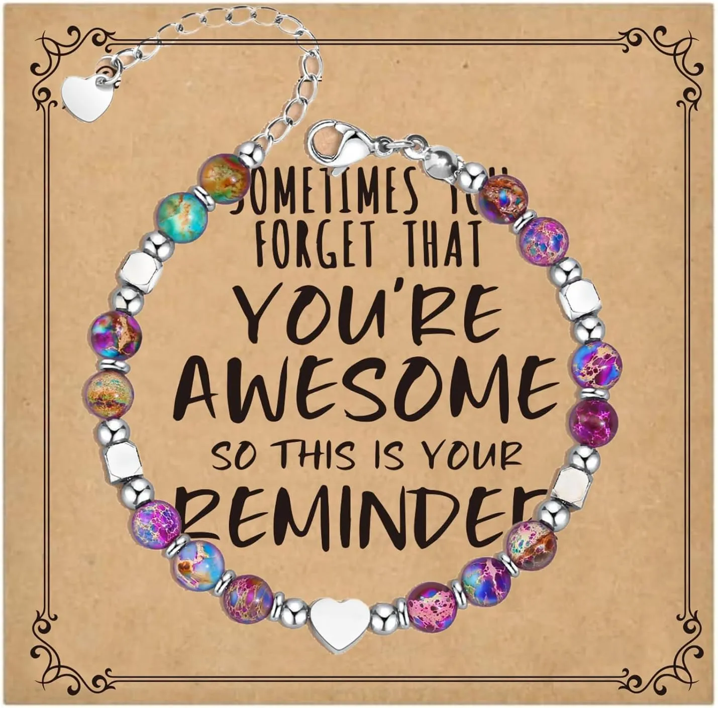Acun You'Re Awesome So This Is Your Reminder Bracelets Inspirational 6mm Beaded Charm Bracelet With Heart Pendant Motivational Gifts