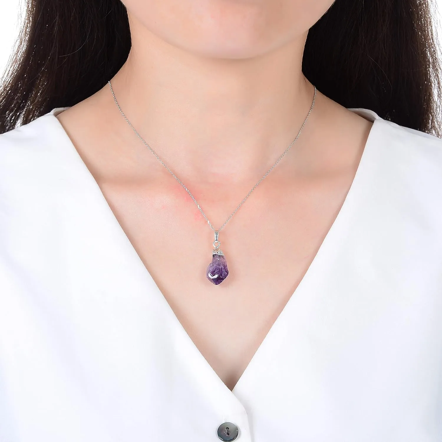 Adabele 1pc Authentic Sterling Silver Small Tiny Raw Amethyst Citrine Gemstone Necklace 18 inch Healing Crystal Chakras Stone Hypoallergenic Nickel Free Fine Women Jewelry
