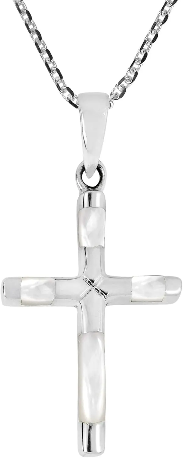 AeraVida Elegant X Cross White Mother of Pearl Inlaid .925 Sterling Silver Pendant Necklace | Chic Minimalist Jewelry for Women | Stylish Fashion Accessory