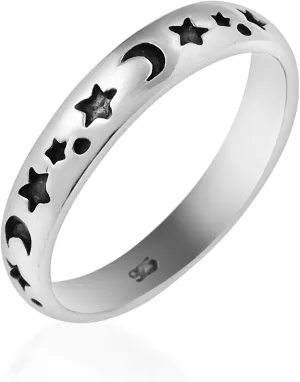 AeraVida Evening Sky Moon and Star 3mm Band .925 Sterling Silver Ring | Adorable Wedding Rings For Women | Chic Comfort Fit Silver Rings for Women | Couple Unisex Ring | Sterling Silver Rings Sizes 5-9