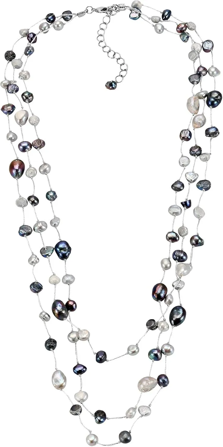 AeraVida Iridescent Elegance Layered Mix of Cultured Freshwater Black and White Pearls on Silk Thread Statement Necklace