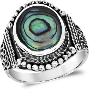 AeraVida Rainbow Abalone Shell Vintage Oval Balinese Style .925 Sterling Silver Ring. | Cute Wedding Rings For Women | Casual Comfort Fit Silver Rings for Women | Sterling Silver Rings Sizes (7-11)
