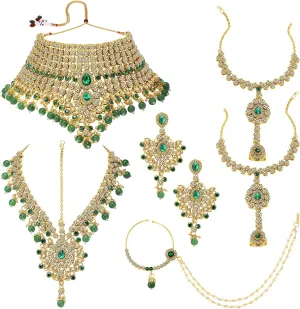 Aheli Classic Bollywood Style Indian Bridal Choker Necklace Matha Patti Nose Ring Haath Phool Wedding Fashion Jewelry Set Gift for Women
