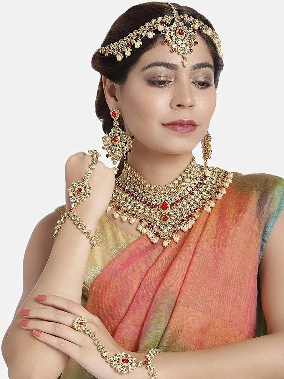 Aheli Classic Bollywood Style Indian Bridal Choker Necklace Matha Patti Nose Ring Haath Phool Wedding Fashion Jewelry Set Gift for Women