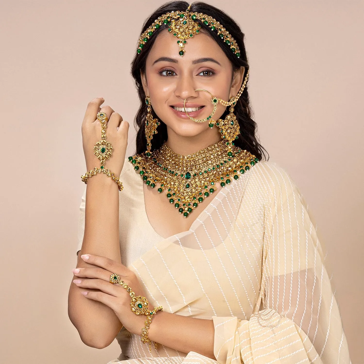Aheli Classic Bollywood Style Indian Bridal Choker Necklace Matha Patti Nose Ring Haath Phool Wedding Fashion Jewelry Set Gift for Women