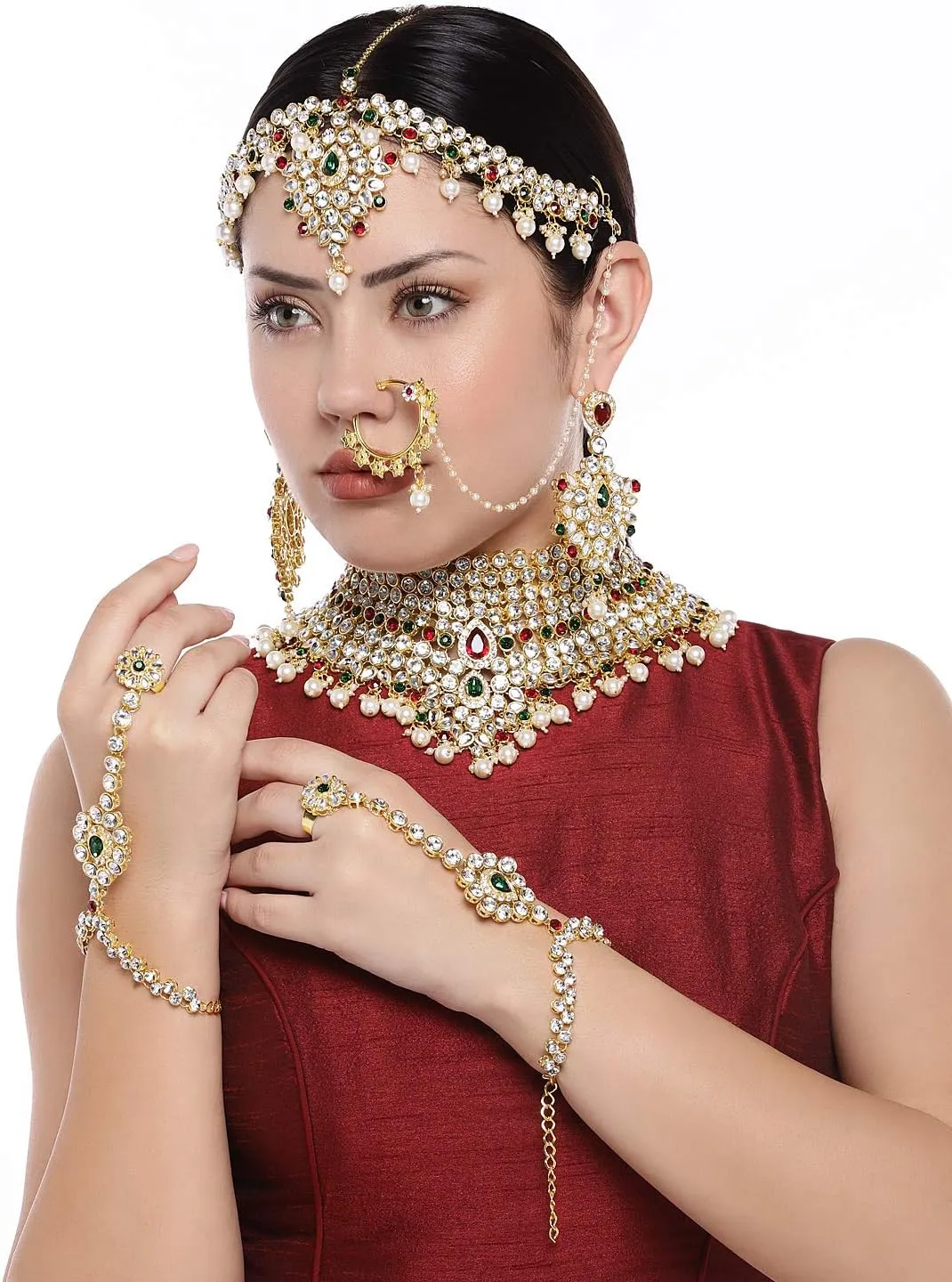 Aheli Classic Bollywood Style Indian Bridal Choker Necklace Matha Patti Nose Ring Haath Phool Wedding Fashion Jewelry Set Gift for Women