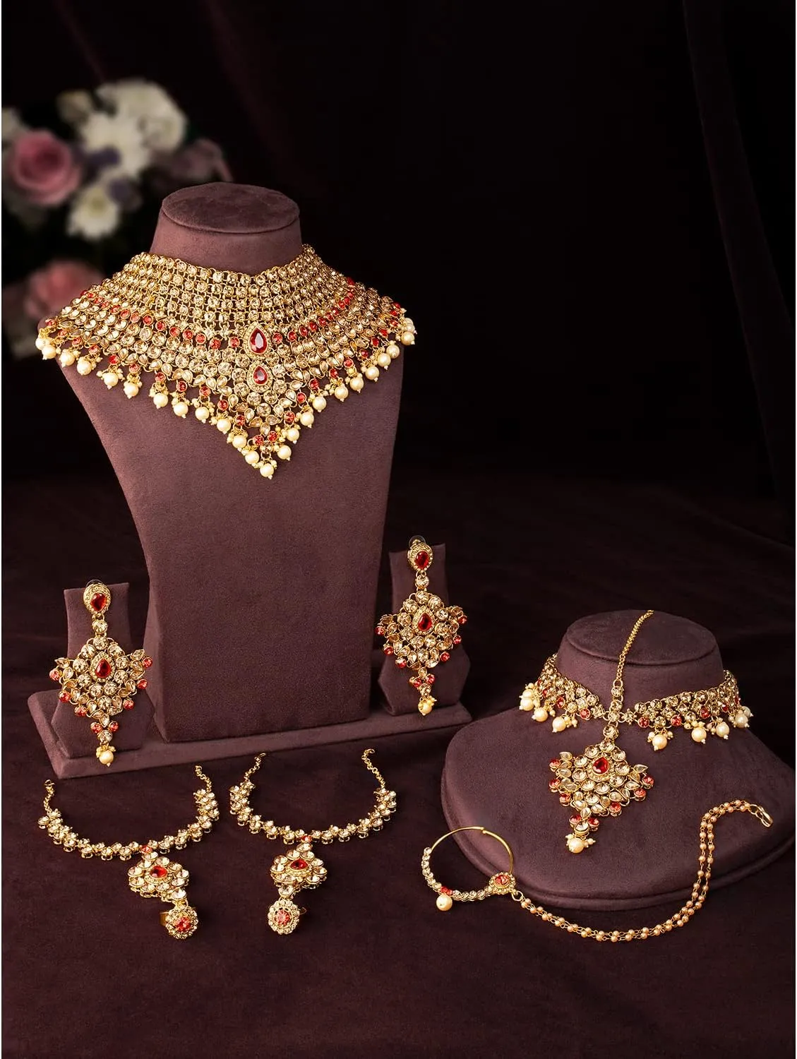 Aheli Classic Bollywood Style Indian Bridal Choker Necklace Matha Patti Nose Ring Haath Phool Wedding Fashion Jewelry Set Gift for Women