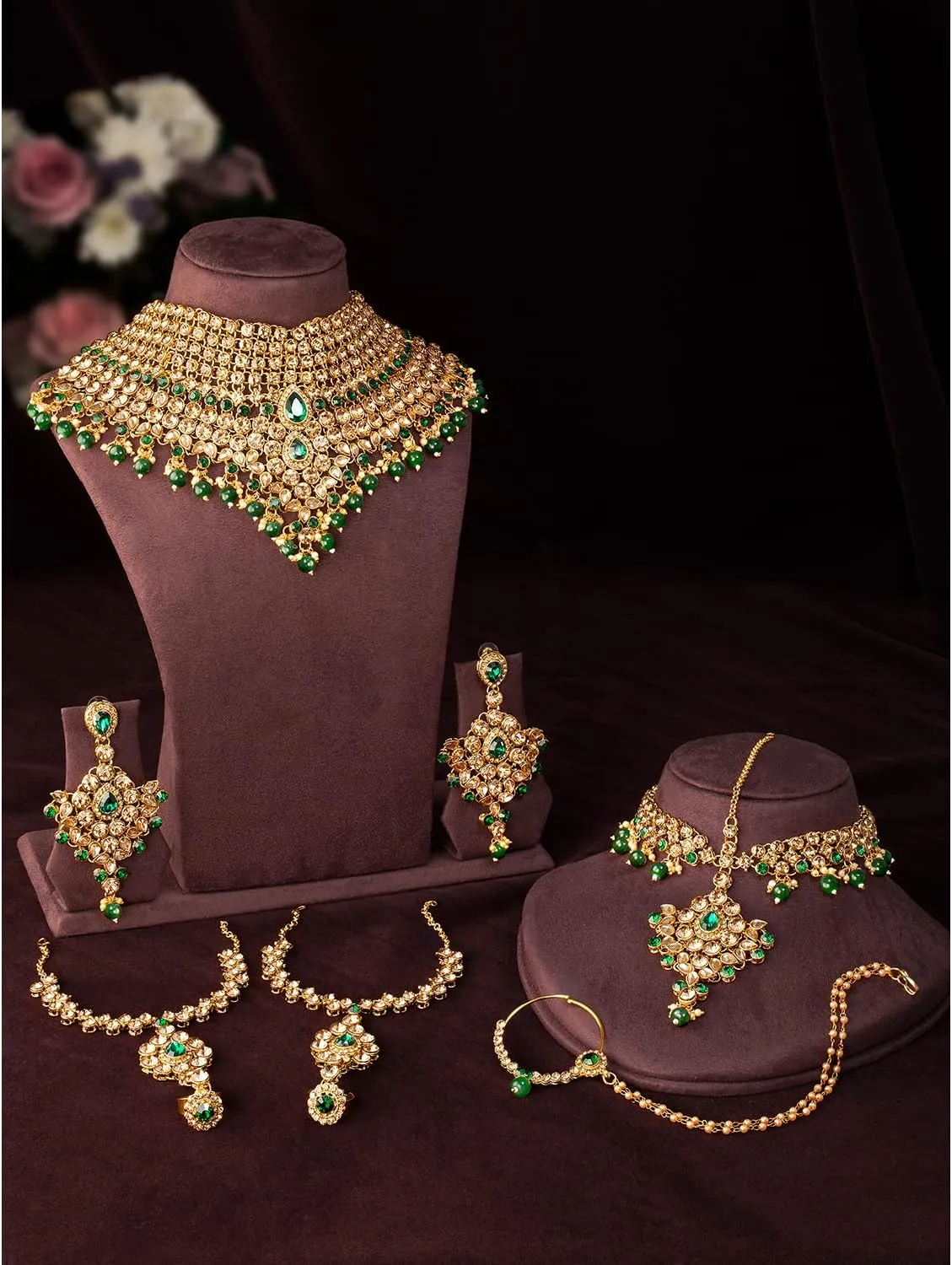 Aheli Classic Bollywood Style Indian Bridal Choker Necklace Matha Patti Nose Ring Haath Phool Wedding Fashion Jewelry Set Gift for Women