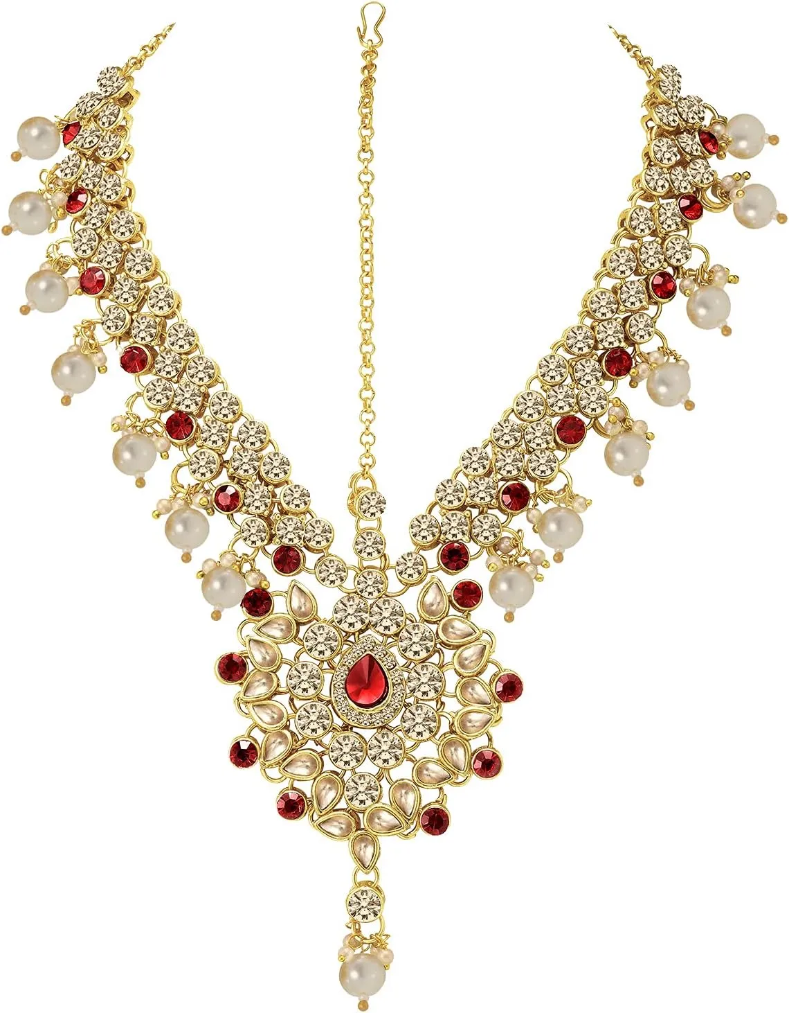 Aheli Classic Bollywood Style Indian Bridal Choker Necklace Matha Patti Nose Ring Haath Phool Wedding Fashion Jewelry Set Gift for Women