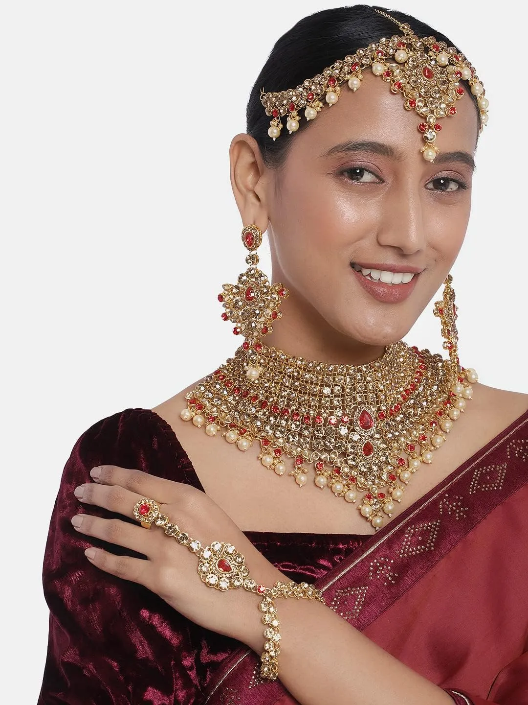 Aheli Classic Bollywood Style Indian Bridal Choker Necklace Matha Patti Nose Ring Haath Phool Wedding Fashion Jewelry Set Gift for Women