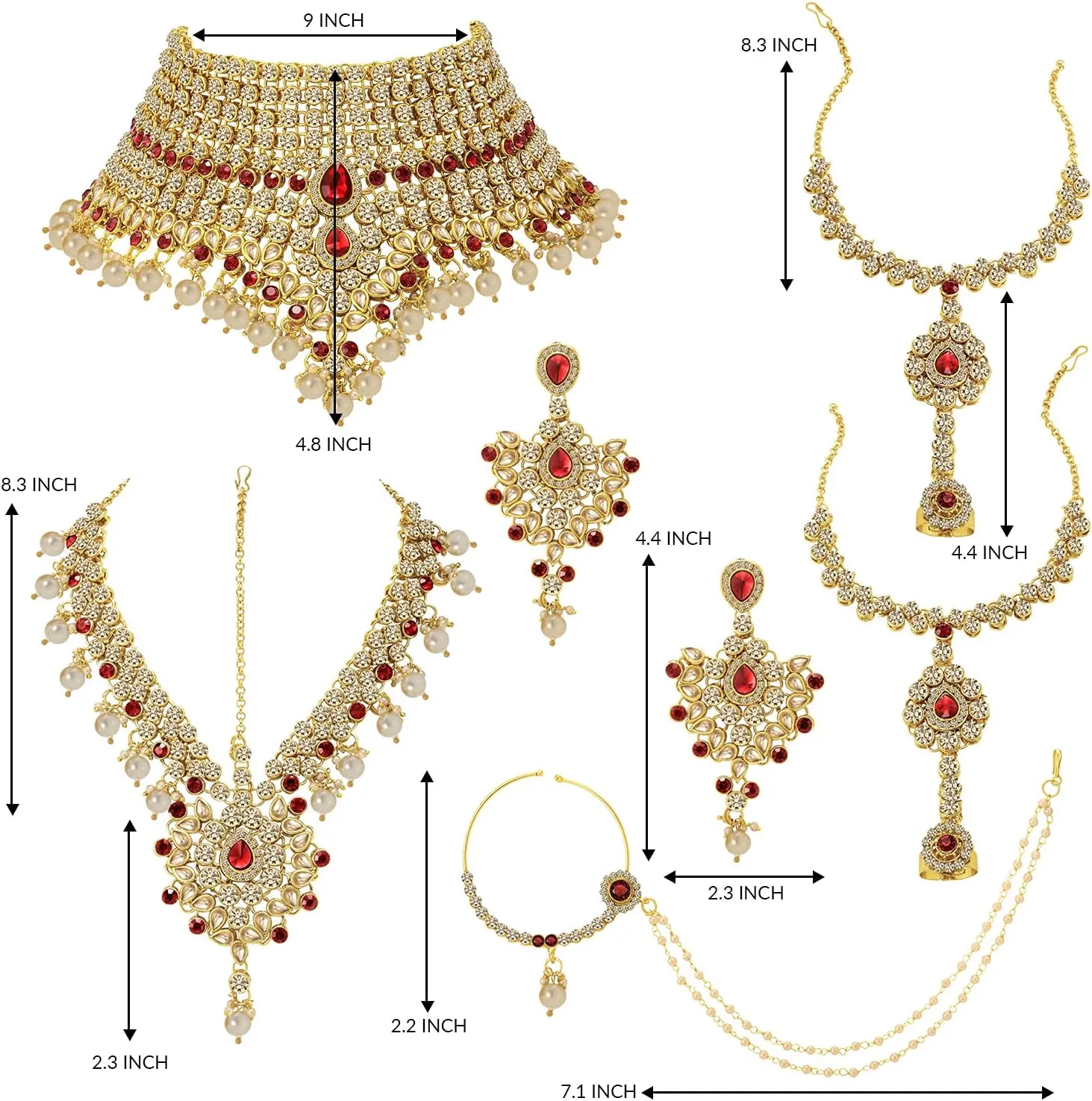 Aheli Classic Bollywood Style Indian Bridal Choker Necklace Matha Patti Nose Ring Haath Phool Wedding Fashion Jewelry Set Gift for Women