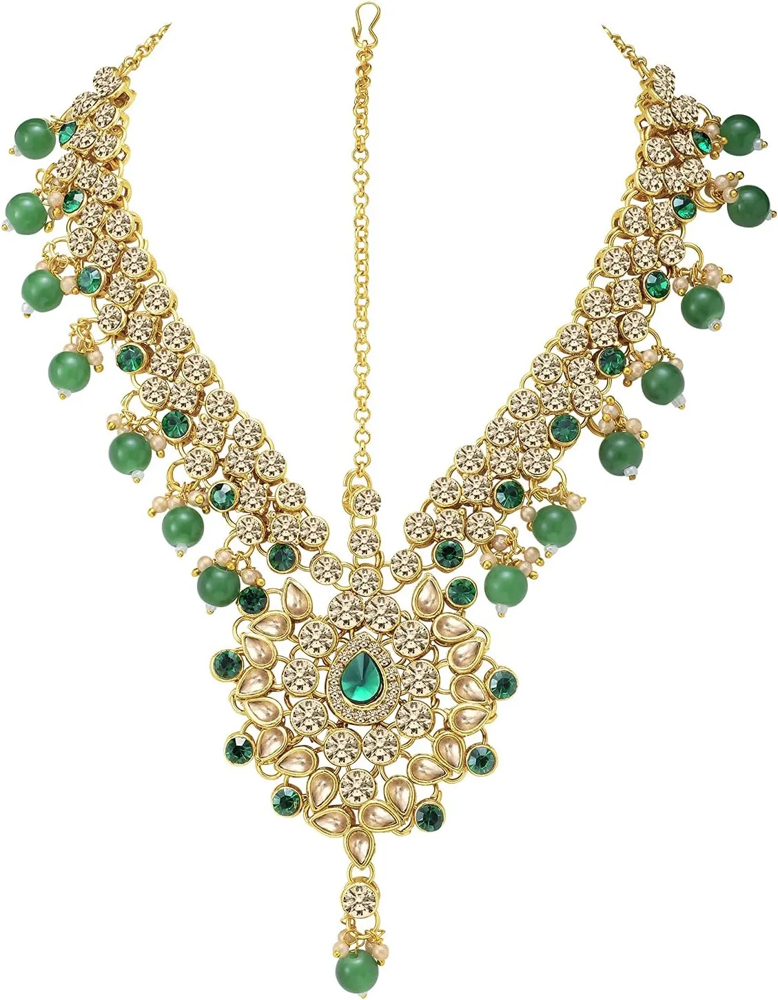 Aheli Classic Bollywood Style Indian Bridal Choker Necklace Matha Patti Nose Ring Haath Phool Wedding Fashion Jewelry Set Gift for Women