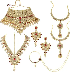 Aheli Classic Bollywood Style Indian Bridal Choker Necklace Matha Patti Nose Ring Haath Phool Wedding Fashion Jewelry Set Gift for Women