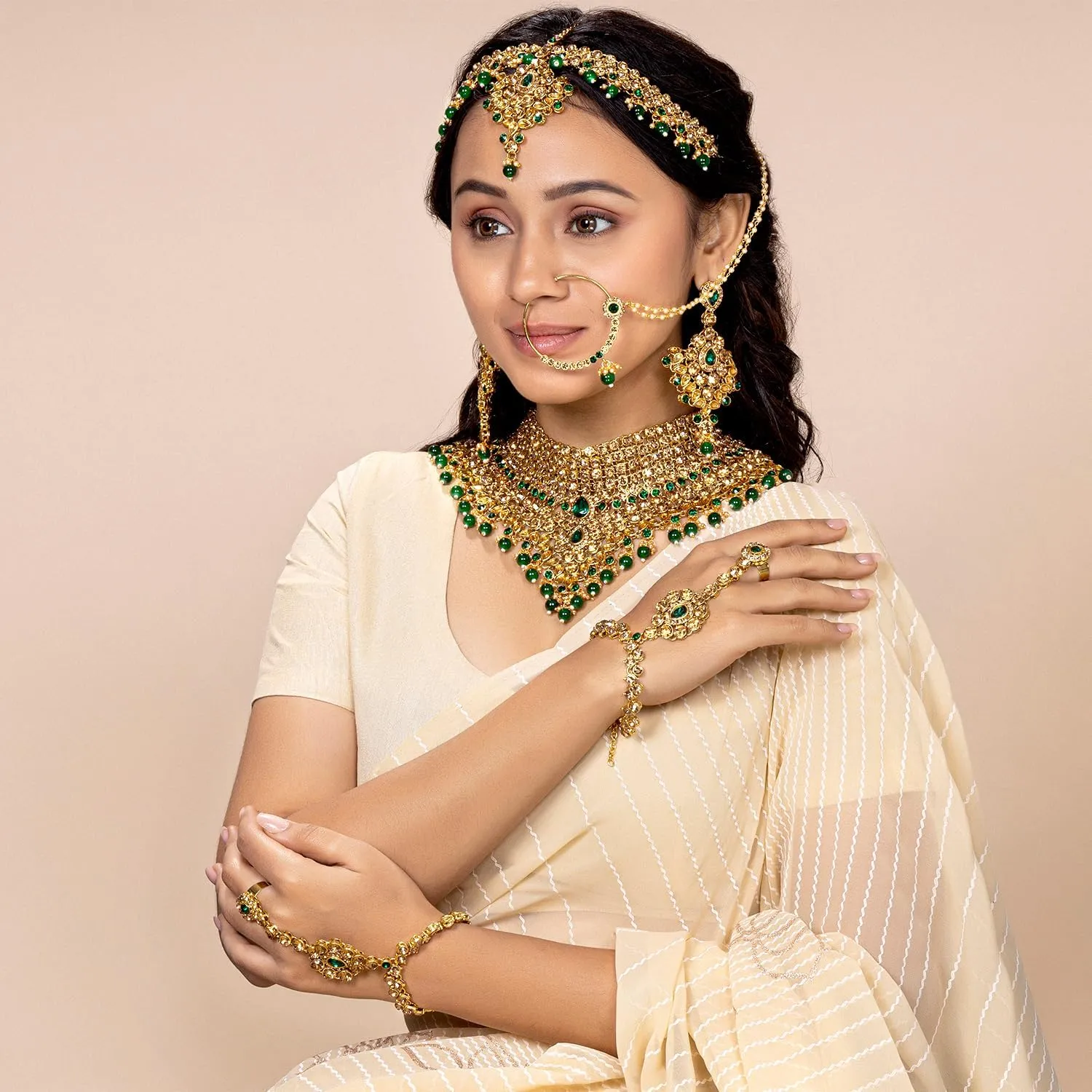 Aheli Classic Bollywood Style Indian Bridal Choker Necklace Matha Patti Nose Ring Haath Phool Wedding Fashion Jewelry Set Gift for Women