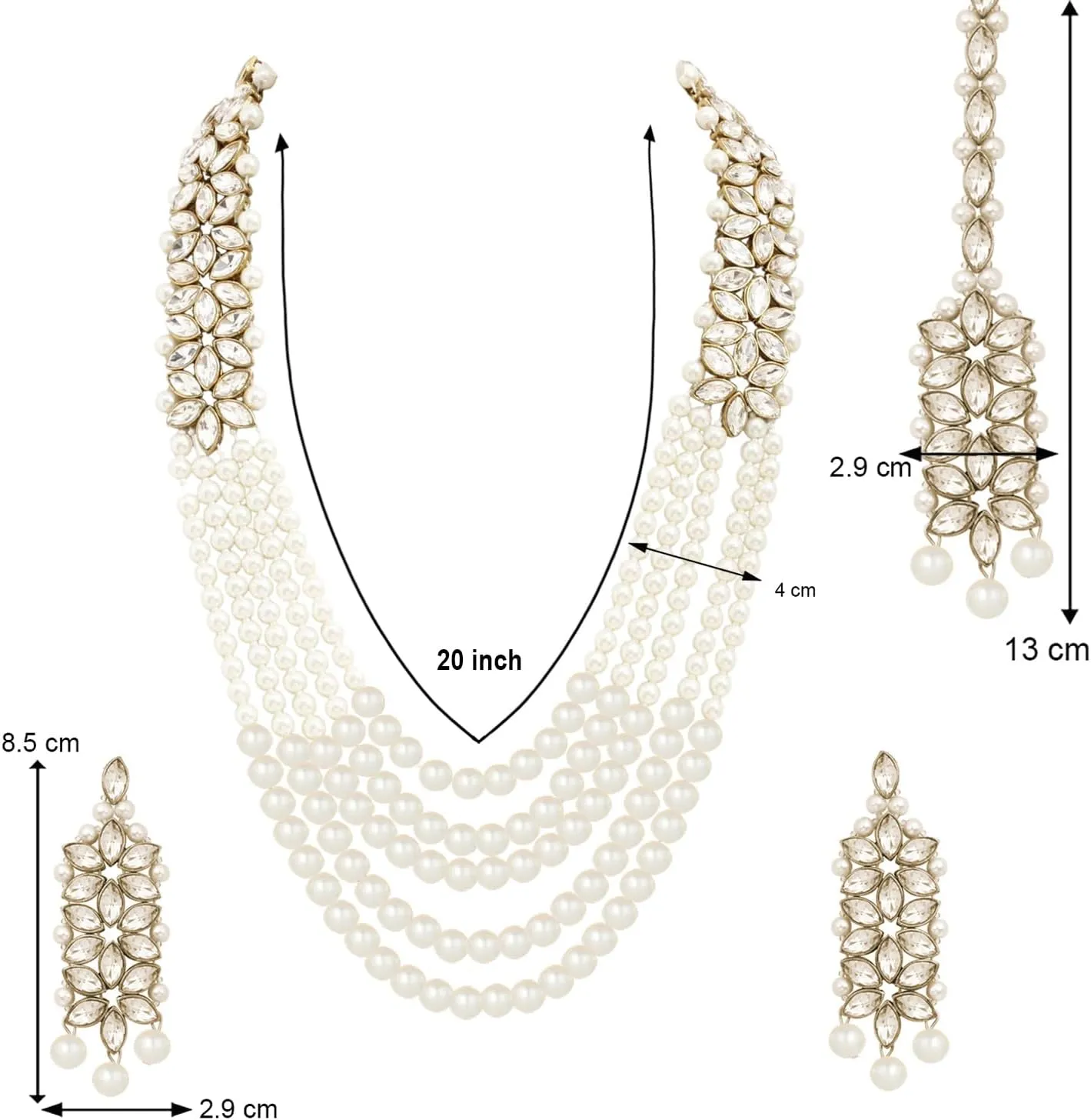 Aheli Classy Faux Kundan Beaded Pearl Long Necklace with Maang Tikka Set Indian Ethnic Wedding Bridal Jewelry Gift for Women