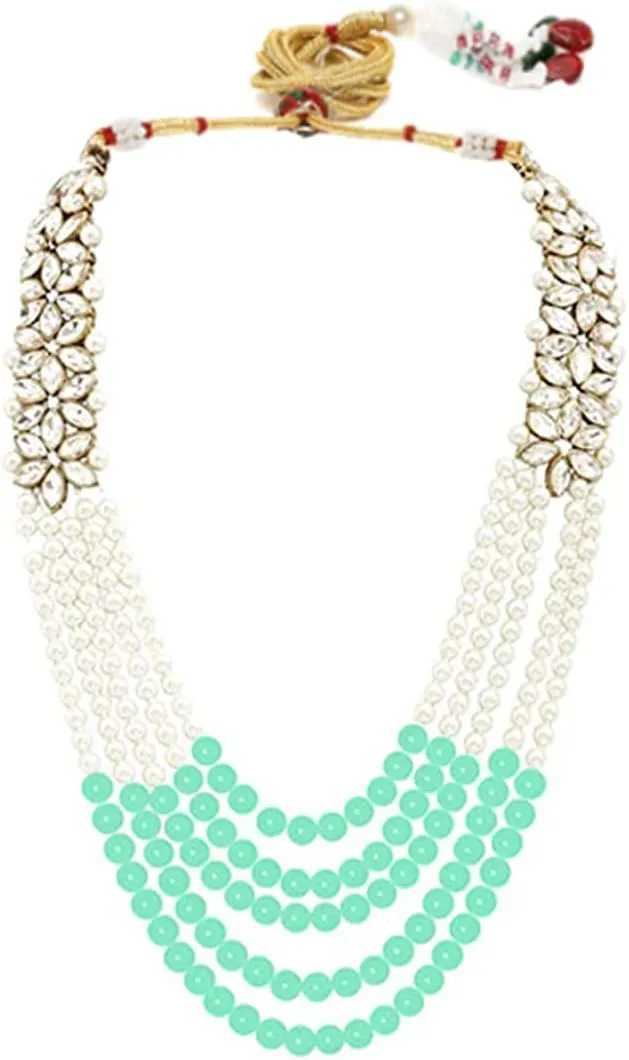 Aheli Classy Faux Kundan Beaded Pearl Long Necklace with Maang Tikka Set Indian Ethnic Wedding Bridal Jewelry Gift for Women