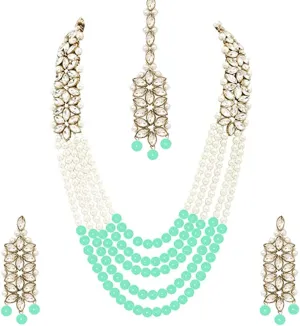 Aheli Classy Faux Kundan Beaded Pearl Long Necklace with Maang Tikka Set Indian Ethnic Wedding Bridal Jewelry Gift for Women