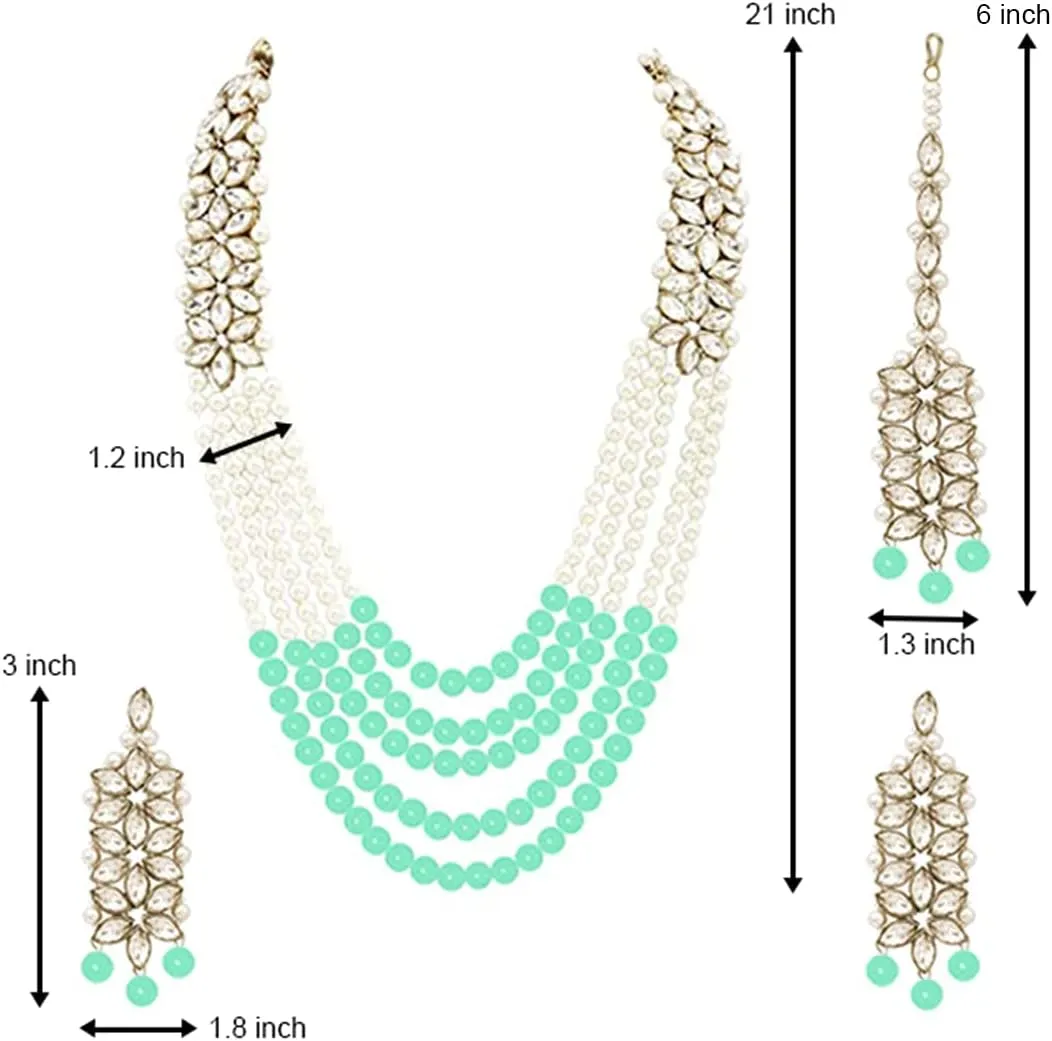 Aheli Classy Faux Kundan Beaded Pearl Long Necklace with Maang Tikka Set Indian Ethnic Wedding Bridal Jewelry Gift for Women