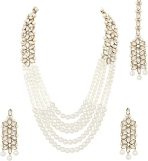 Aheli Classy Faux Kundan Beaded Pearl Long Necklace with Maang Tikka Set Indian Ethnic Wedding Bridal Jewelry Gift for Women