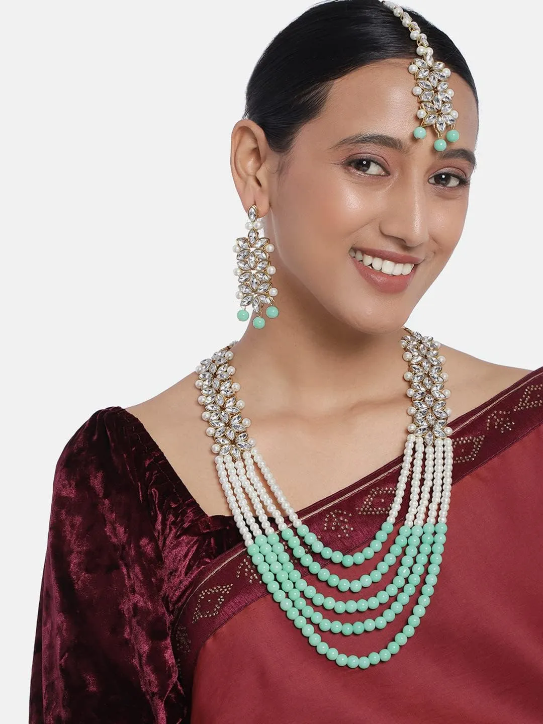 Aheli Classy Faux Kundan Beaded Pearl Long Necklace with Maang Tikka Set Indian Ethnic Wedding Bridal Jewelry Gift for Women