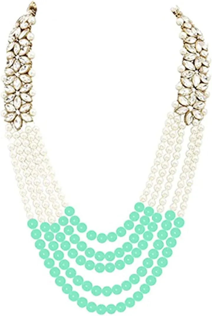 Aheli Classy Faux Kundan Beaded Pearl Long Necklace with Maang Tikka Set Indian Ethnic Wedding Bridal Jewelry Gift for Women