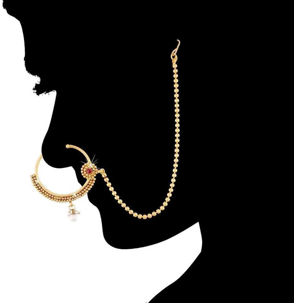 Aheli Classy Wedding Party Wear Nose Ring Nath with Pearl Chain Traditional Saree Jewelry Gift for Indian Women
