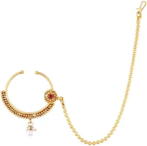 Aheli Classy Wedding Party Wear Nose Ring Nath with Pearl Chain Traditional Saree Jewelry Gift for Indian Women