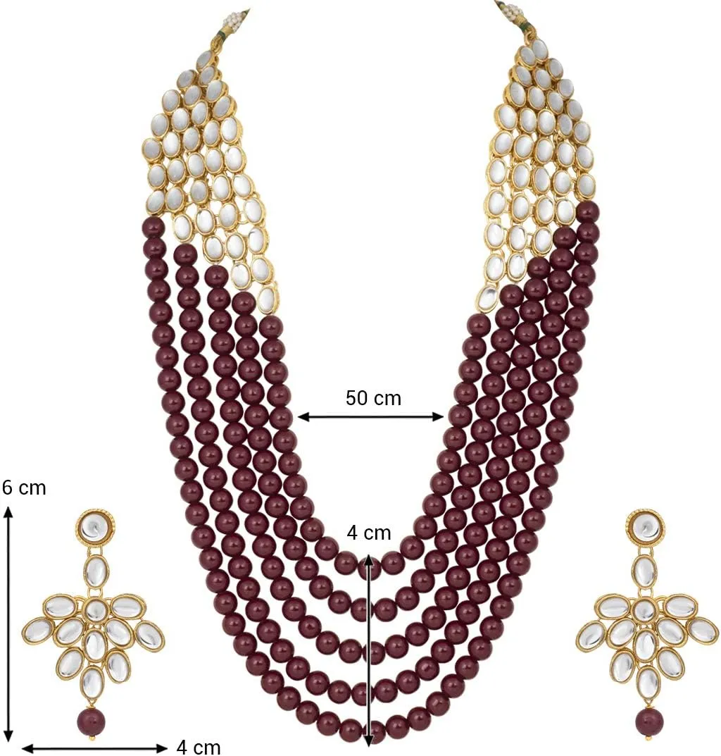 Aheli Elegant Indian Ethnic Traditional Layered Beaded Long Kundan Necklace Earring Set Bollywood Wedding Party Jewelry Gift for Women