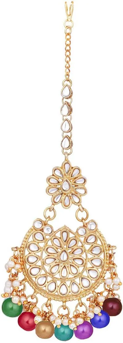 Aheli Elegant Indian Wedding Wear Faux Kundan Studded Choker Necklace with Maang Tikka Set Ethnic Fashion Jewelry Gift for Women Maroon Kundan & Pearl Drop