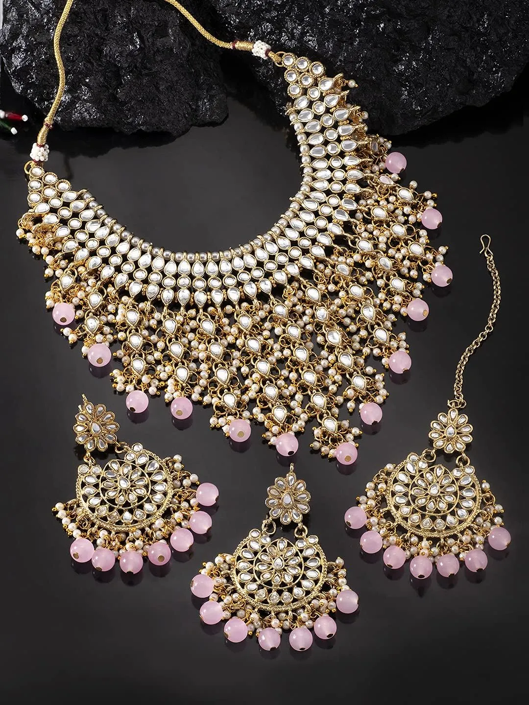Aheli Elegant Indian Wedding Wear Faux Kundan Studded Choker Necklace with Maang Tikka Set Ethnic Fashion Jewelry Gift for Women Maroon Kundan & Pearl Drop