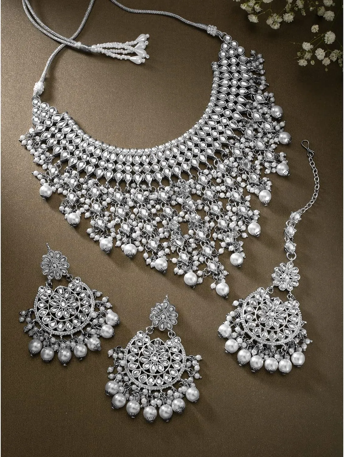 Aheli Elegant Indian Wedding Wear Faux Kundan Studded Choker Necklace with Maang Tikka Set Ethnic Fashion Jewelry Gift for Women Maroon Kundan & Pearl Drop