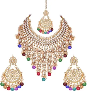 Aheli Elegant Indian Wedding Wear Faux Kundan Studded Choker Necklace with Maang Tikka Set Ethnic Fashion Jewelry Gift for Women Maroon Kundan & Pearl Drop