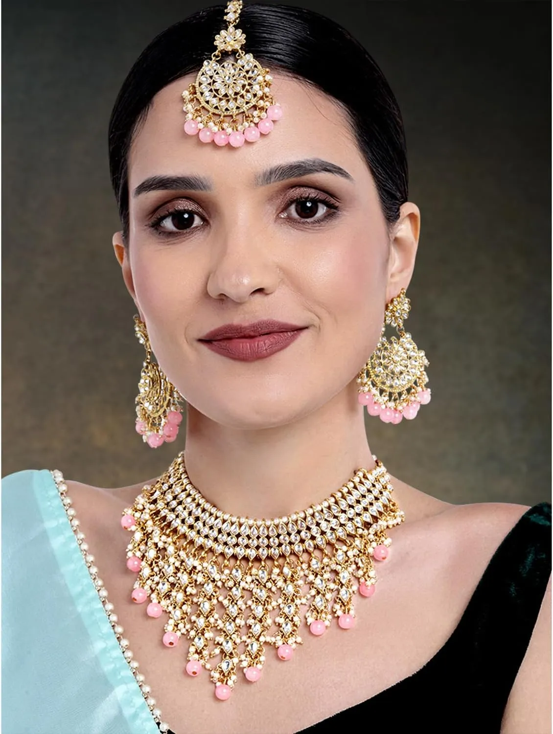 Aheli Elegant Indian Wedding Wear Faux Kundan Studded Choker Necklace with Maang Tikka Set Ethnic Fashion Jewelry Gift for Women Maroon Kundan & Pearl Drop