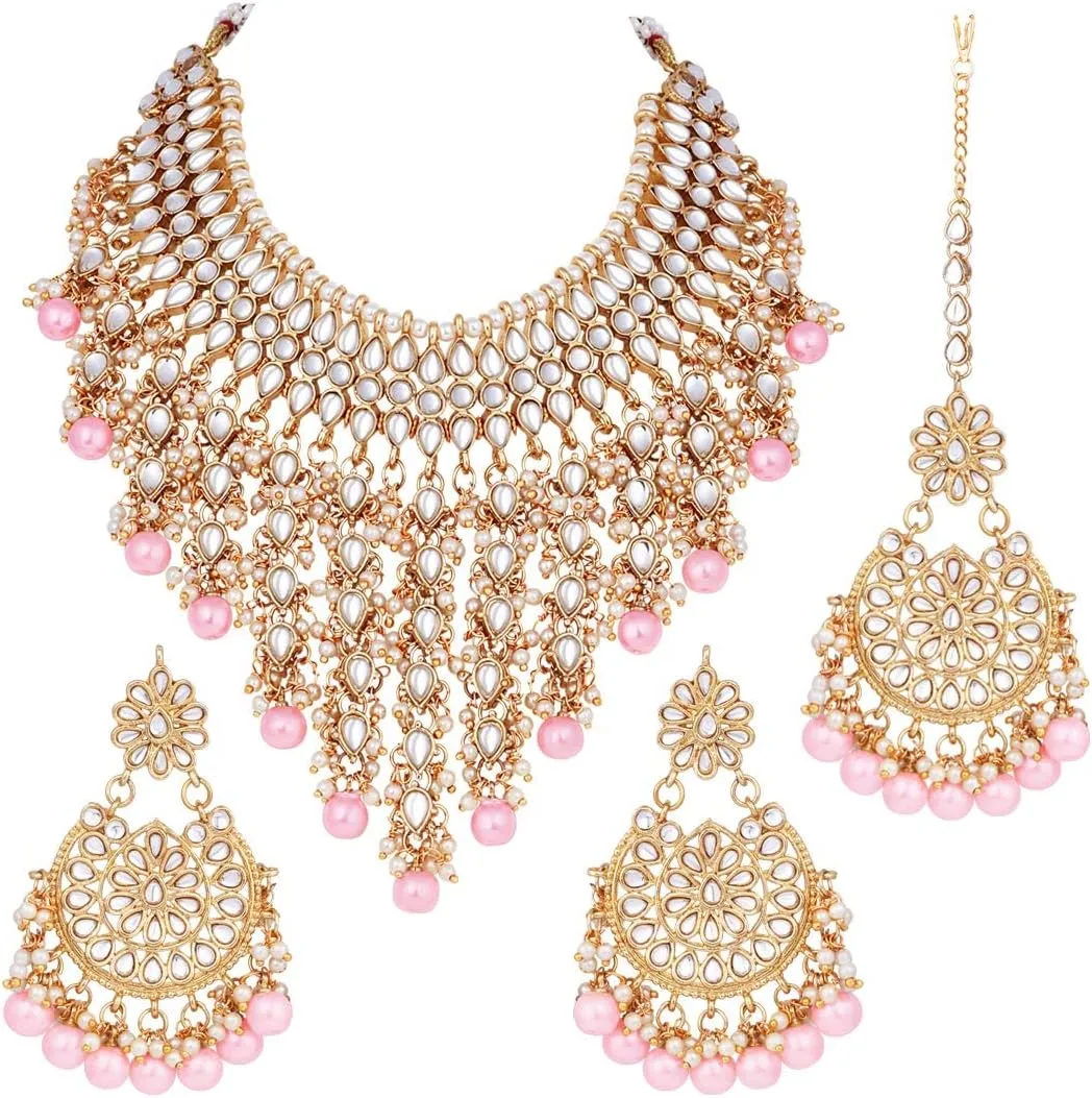 Aheli Elegant Indian Wedding Wear Faux Kundan Studded Choker Necklace with Maang Tikka Set Ethnic Fashion Jewelry Gift for Women Maroon Kundan & Pearl Drop