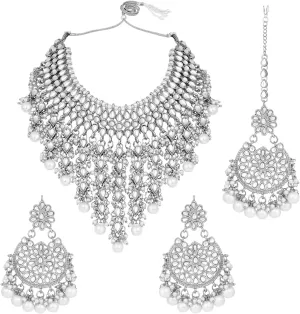 Aheli Elegant Indian Wedding Wear Faux Kundan Studded Choker Necklace with Maang Tikka Set Ethnic Fashion Jewelry Gift for Women Maroon Kundan & Pearl Drop
