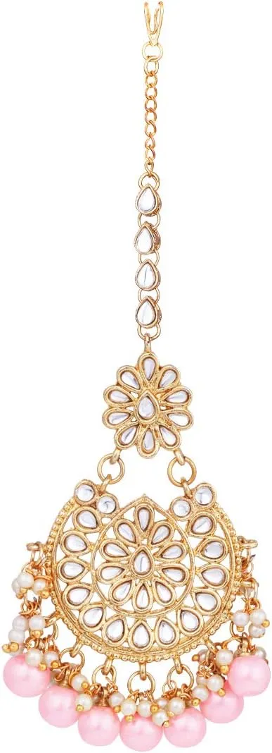 Aheli Elegant Indian Wedding Wear Faux Kundan Studded Choker Necklace with Maang Tikka Set Ethnic Fashion Jewelry Gift for Women Maroon Kundan & Pearl Drop