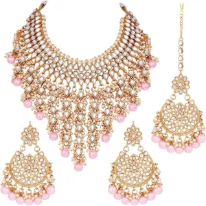 Aheli Elegant Indian Wedding Wear Faux Kundan Studded Choker Necklace with Maang Tikka Set Ethnic Fashion Jewelry Gift for Women Maroon Kundan & Pearl Drop