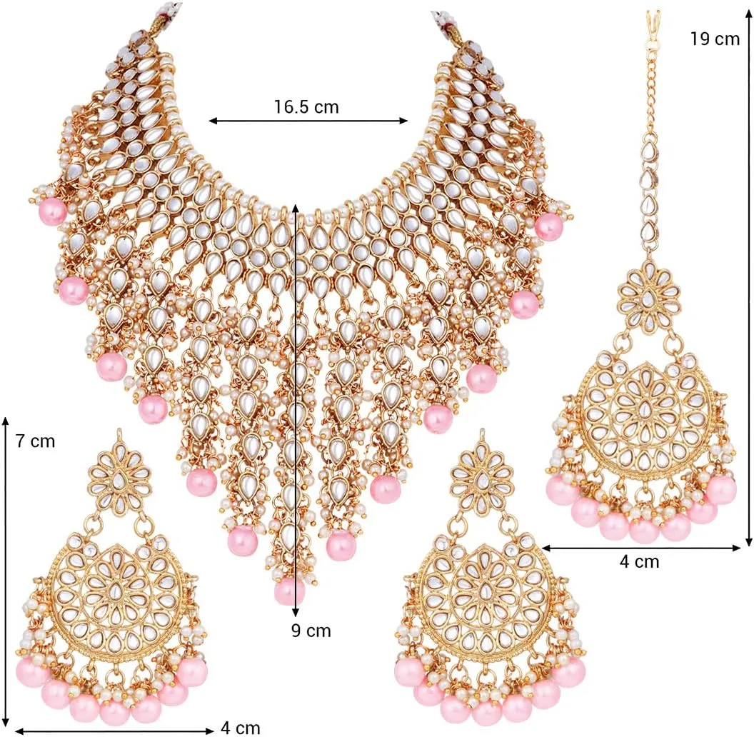Aheli Elegant Indian Wedding Wear Faux Kundan Studded Choker Necklace with Maang Tikka Set Ethnic Fashion Jewelry Gift for Women Maroon Kundan & Pearl Drop