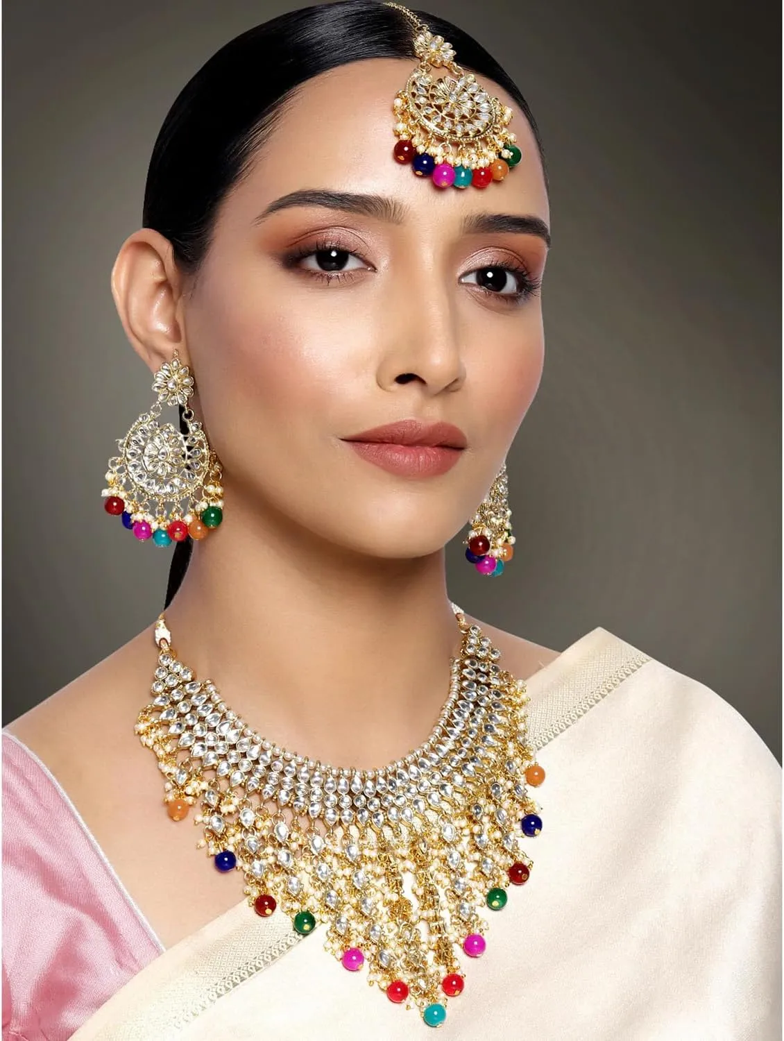 Aheli Elegant Indian Wedding Wear Faux Kundan Studded Choker Necklace with Maang Tikka Set Ethnic Fashion Jewelry Gift for Women Maroon Kundan & Pearl Drop