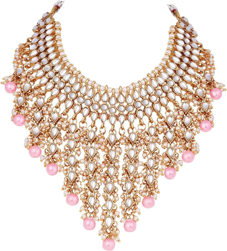 Aheli Elegant Indian Wedding Wear Faux Kundan Studded Choker Necklace with Maang Tikka Set Ethnic Fashion Jewelry Gift for Women Maroon Kundan & Pearl Drop
